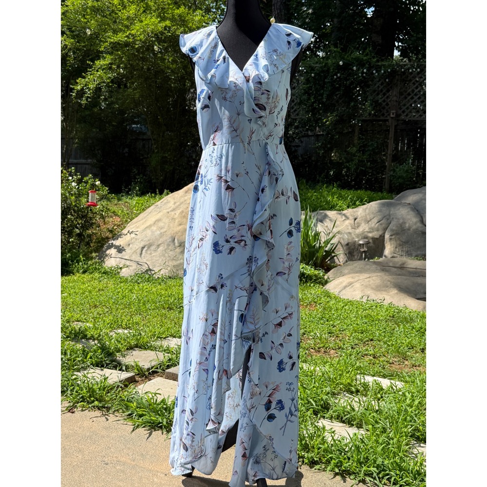 Banana Republic Womens‎ Light Blue Floral Ruffle V-Neck Maxi Dress Size 4